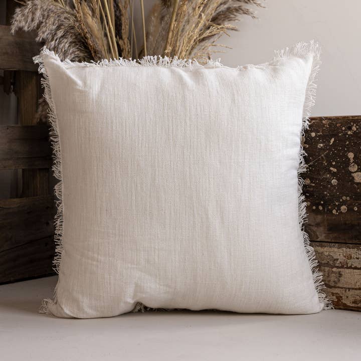 Fynn 18x18 Fringe Filled Pillow White Cotton & Linen for wholesale by Foreside Home & Garden