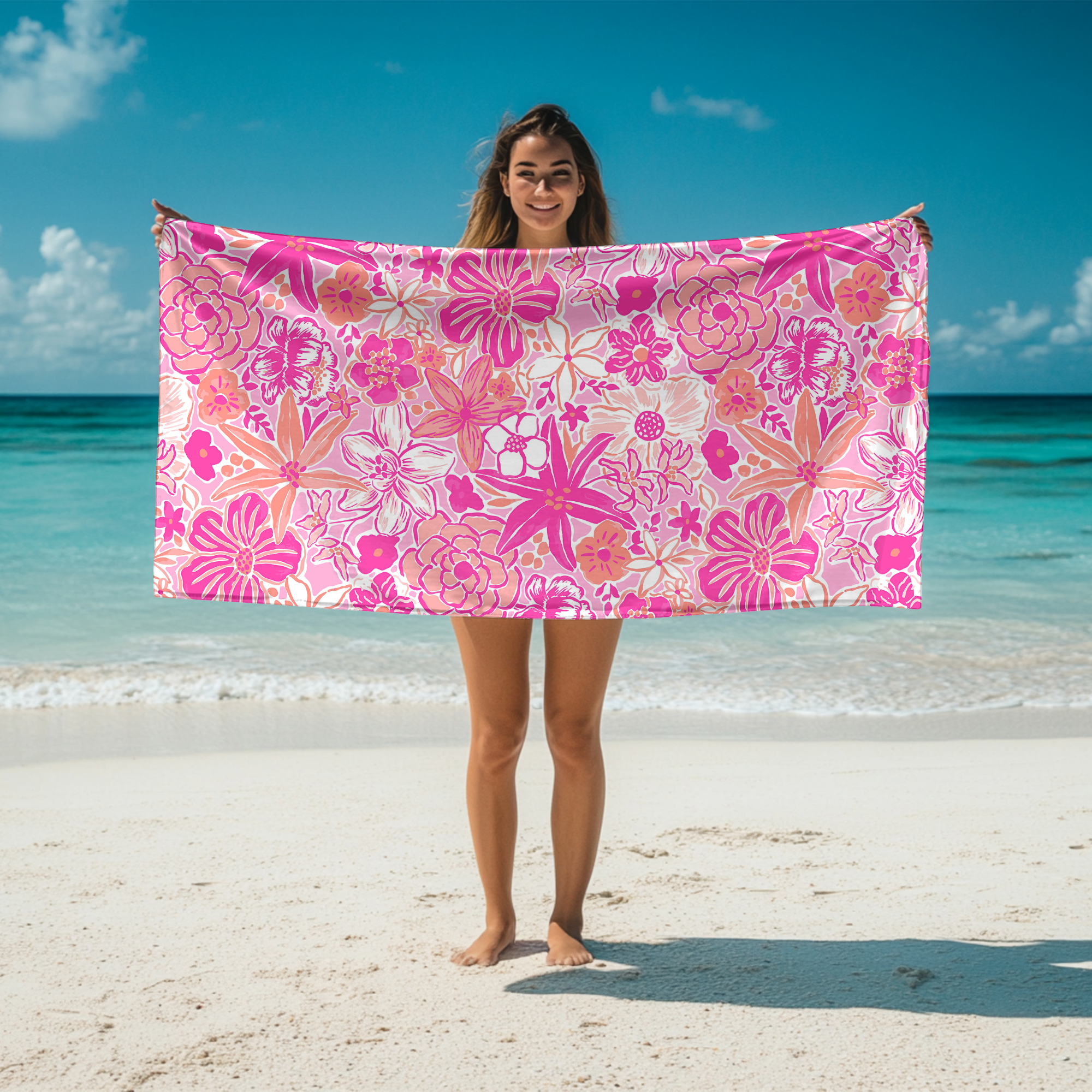Beach Towel in Resort Floral Pink and Peach for wholesale on Faire3
