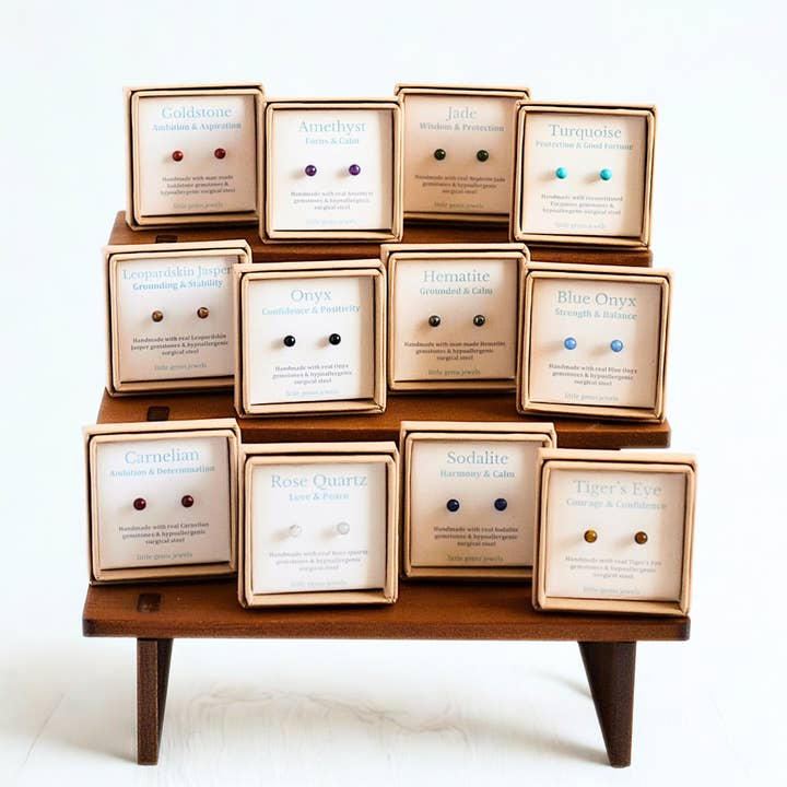4mm Gemstone Stud Earrings Starter Set with Display Stand, Hypoallergenic Surgical Steel Studs For Women for wholesale by Little Gems Jewels