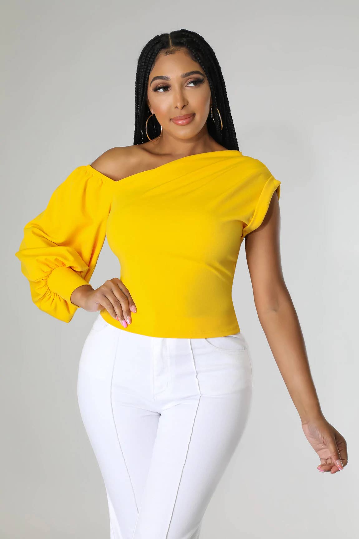 5besties inc - Vente Chemisier – femme - HAUT À MANCHES BULLES À UNE ÉPAULE12