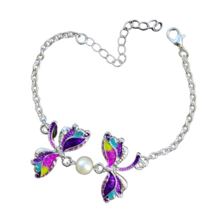 BeSheek Rainbow Purple Mosiac Silvertone Dragonfly Bracelet for wholesale by BESHEEK JEWELRY
