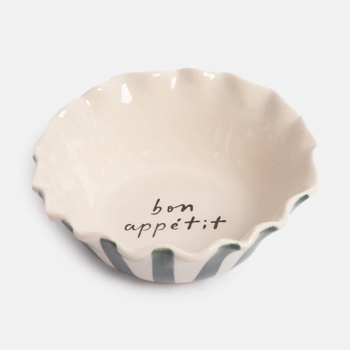 Teal Stripe 'Bon Appetit' Frilly Bowl for wholesale by Caroline Gardner