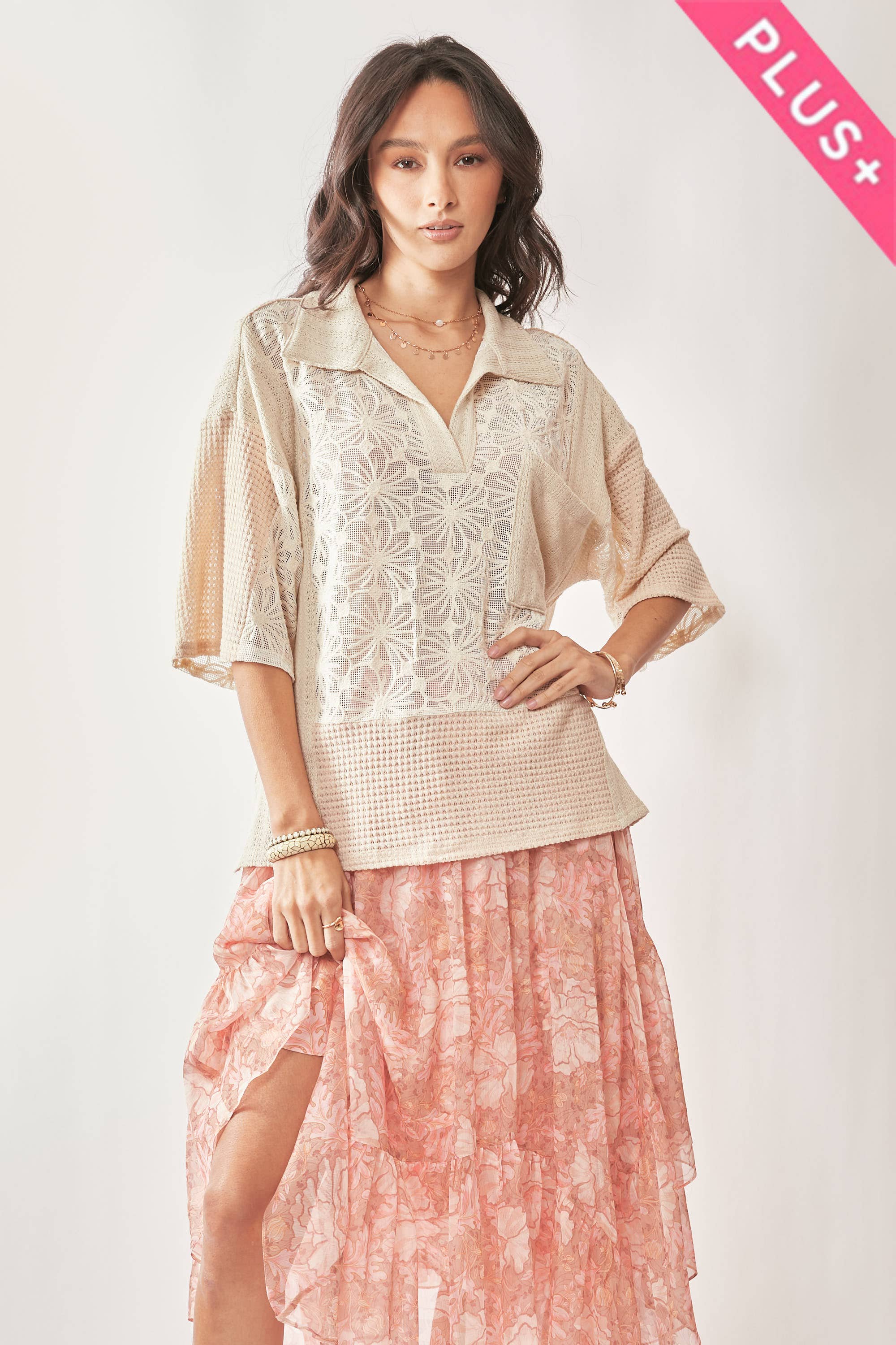 Cream Beige PLUS LACE MIXTURE COLLAR NECK SHORT SLEEVE TOP for wholesale on Faire1