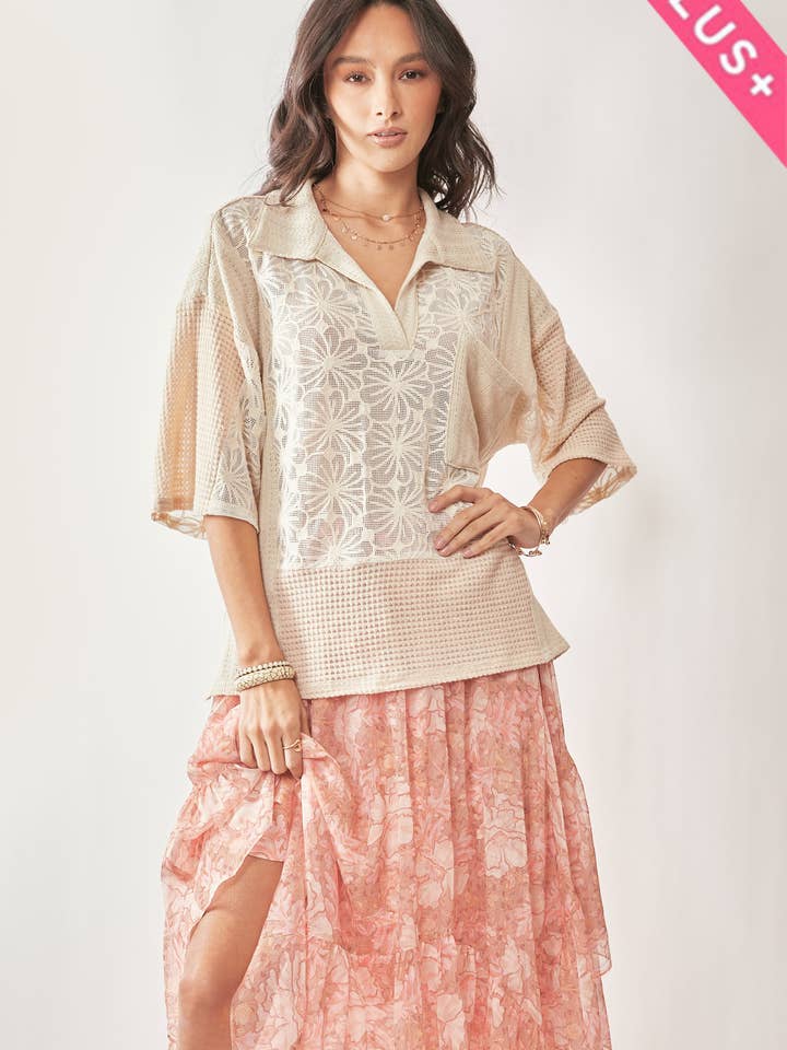 Cream Beige PLUS LACE MIXTURE COLLAR NECK SHORT SLEEVE TOP for wholesale on Faire1