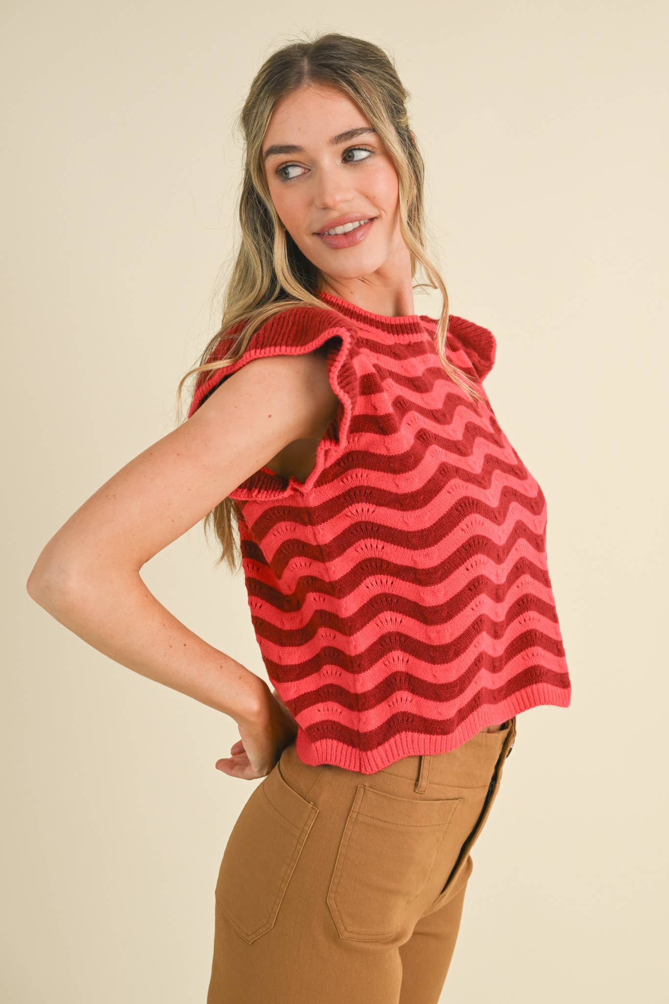 &MERCI - Wholesale Knit Sweater - Women's - WAVY STRIPES FLUTTER SLEEVE SWEATER TOP MSW1050978