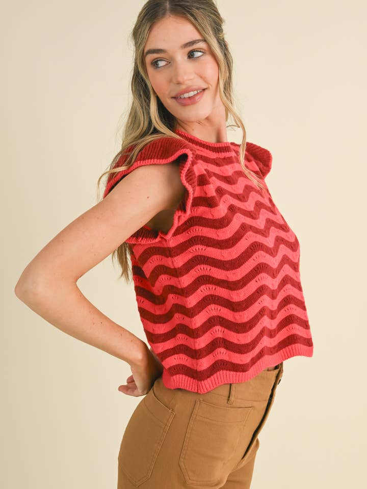 &MERCI - Wholesale Knit Sweater - Women's - WAVY STRIPES FLUTTER SLEEVE SWEATER TOP MSW1050978