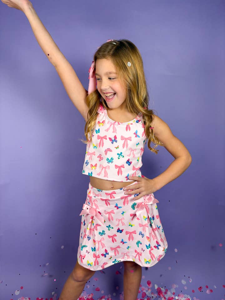 Three Wildflower Designs - Wholesale Activewear Set - Kids - Bow and Butterfly Two-Piece Athletic Tank and Skort Set