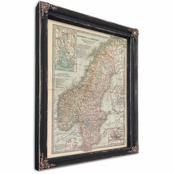 Framed Norway Sweden Vintage Map - Ornate Embellishment Frame with Print for wholesale by Bella Frye