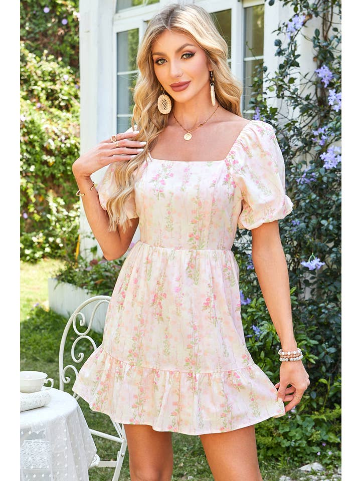 Pink Floral Puff Sleeve Square Neck Knot Open Back Mini Dress for wholesale on Faire