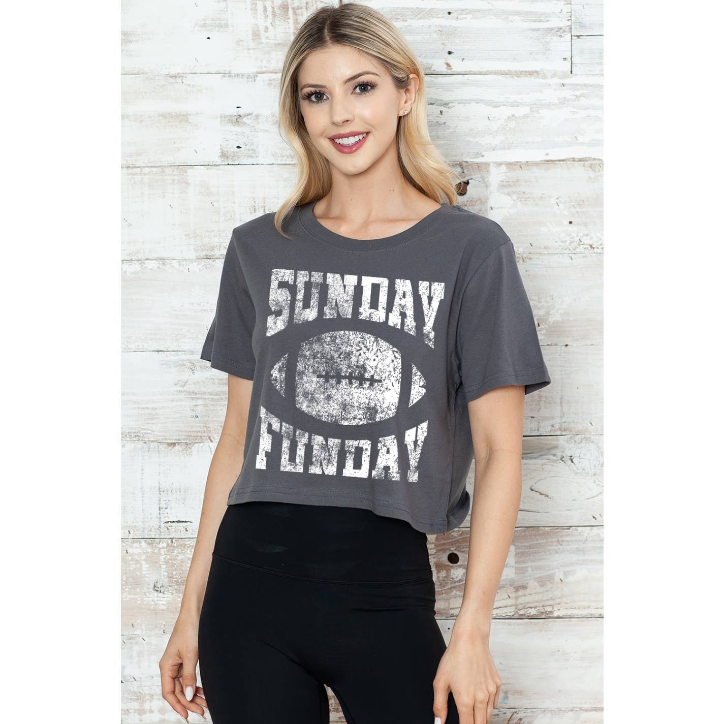 MINEB - Wholesale Screen Printed T-Shirt - Women's - SUNDAY FUNDAY FOOTBALL GRAPHIC CROP TEE1