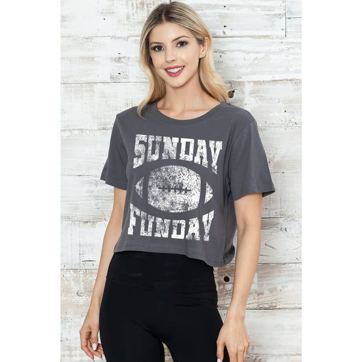 MINEB - Wholesale Screen Printed T-Shirt - Women's - SUNDAY FUNDAY FOOTBALL GRAPHIC CROP TEE1