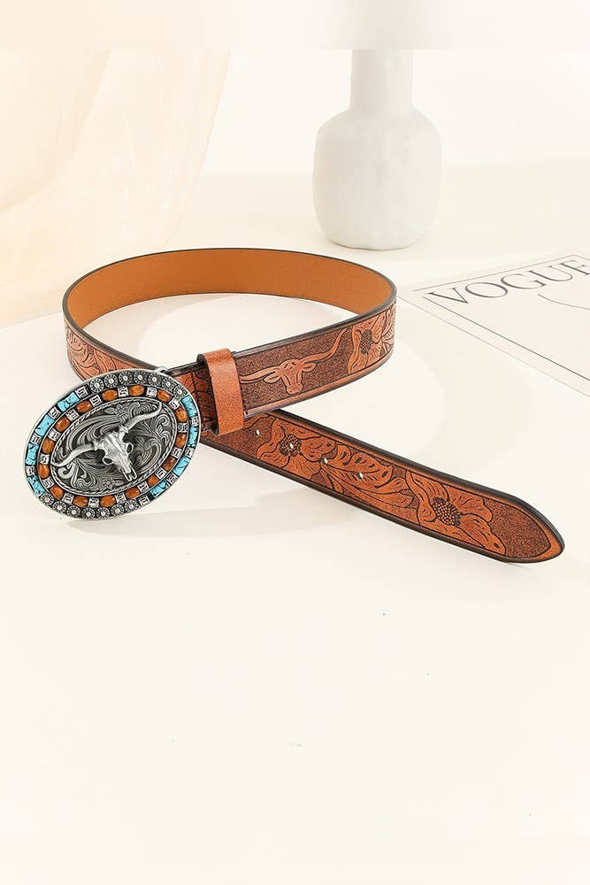 Brown Western Bull Monogram PU Leather Belt MOQ 3pcs ZK1313 for wholesale on Faire2