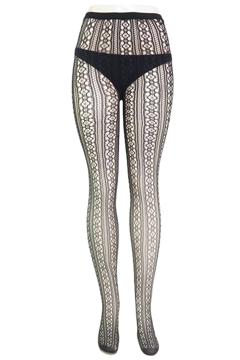 BLACK High Rise French Cut Floral Lace Net Sheer Tight Pantyhose for wholesale on Faire2