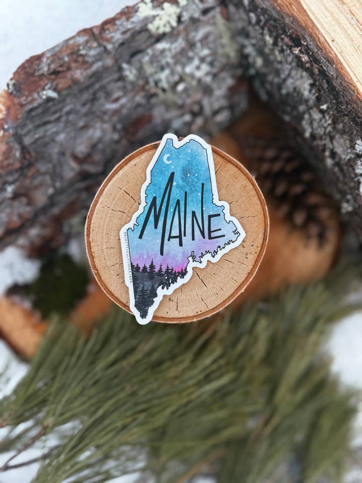 Maine State Sunset Weatherproof Sticker for wholesale by Scotty + Calvin Designs