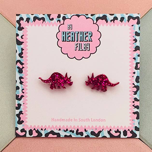 Hot Pink Dinosaur Glitter Stud Earrings for wholesale by By Heather Filby