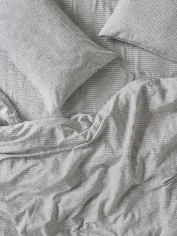 Gray Mini Stripe Linen Blend Duvet Cover for wholesale by Piglet in Bed USA