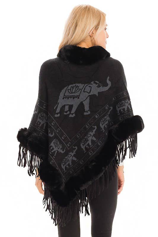 Cap Zone - Wholesale Poncho - Women's - Lucky Elephant Printed Fur Neckline Soft Cozy Poncho11
