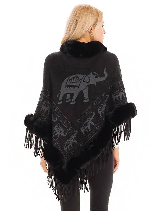 Cap Zone - Wholesale Poncho - Women's - Lucky Elephant Printed Fur Neckline Soft Cozy Poncho11