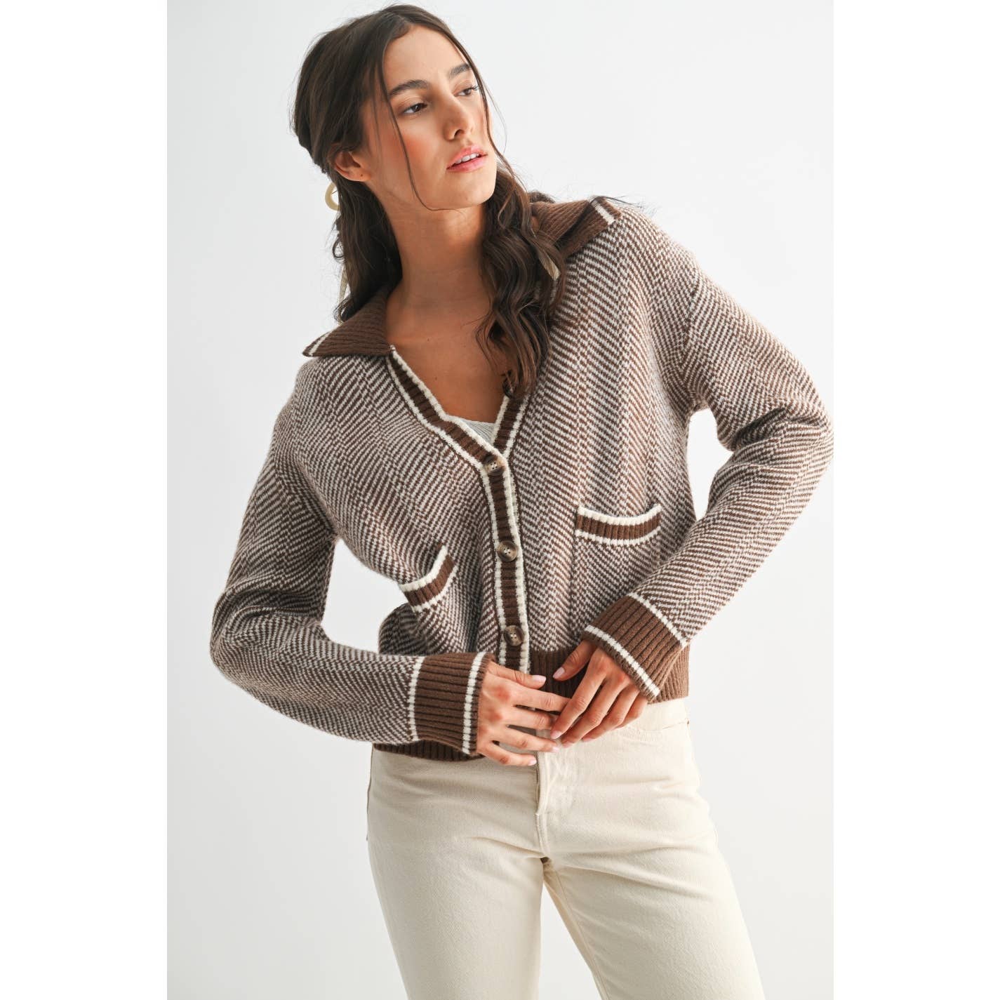 Camellia - Wholesale Knit Sweater - Women's - CW10236E HERRINGBONE KNIT CARDIGAN3