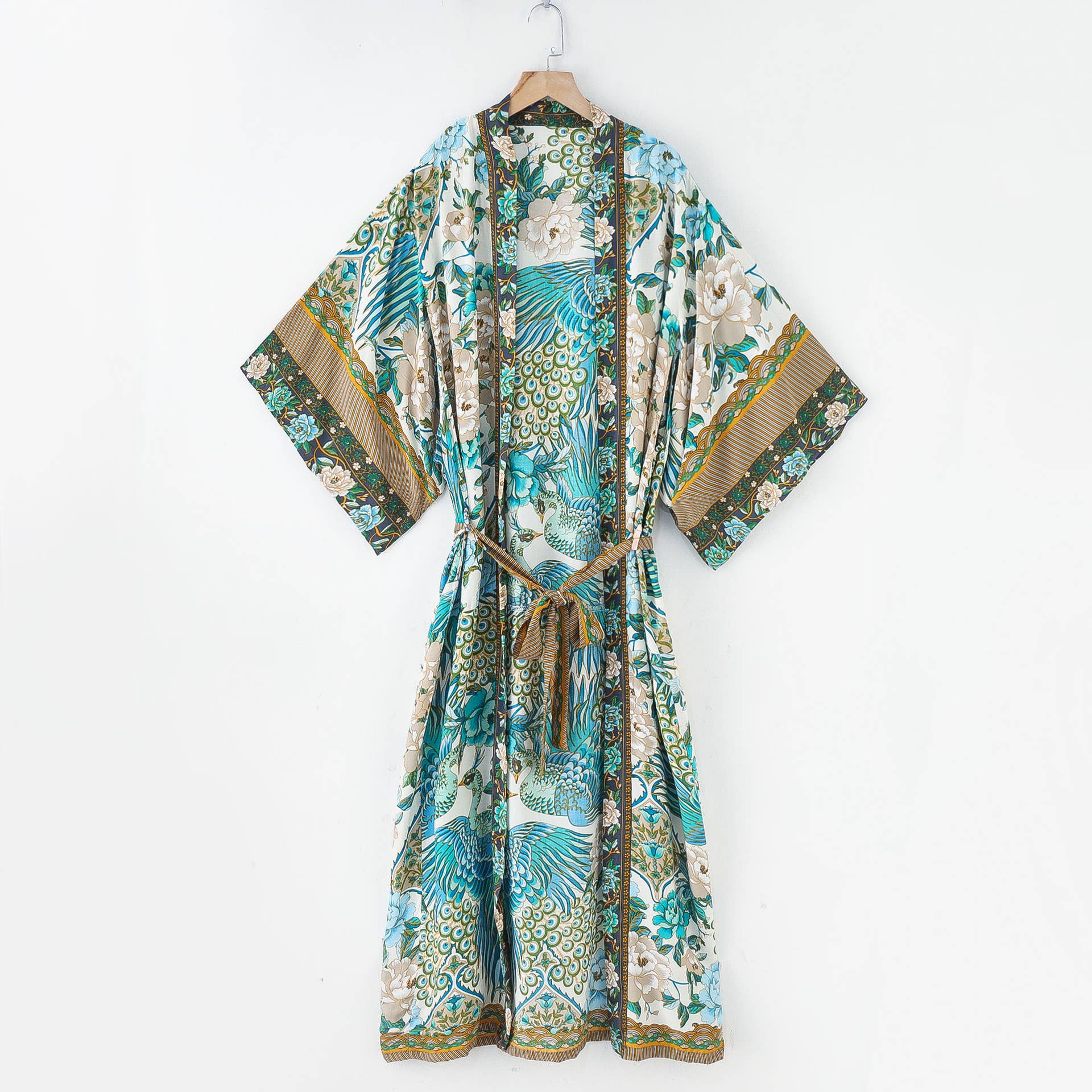 Rosa Clothing - Vente Kimono – femme - Robe kimono longue ceinturée à imprimé paon et fleurs6