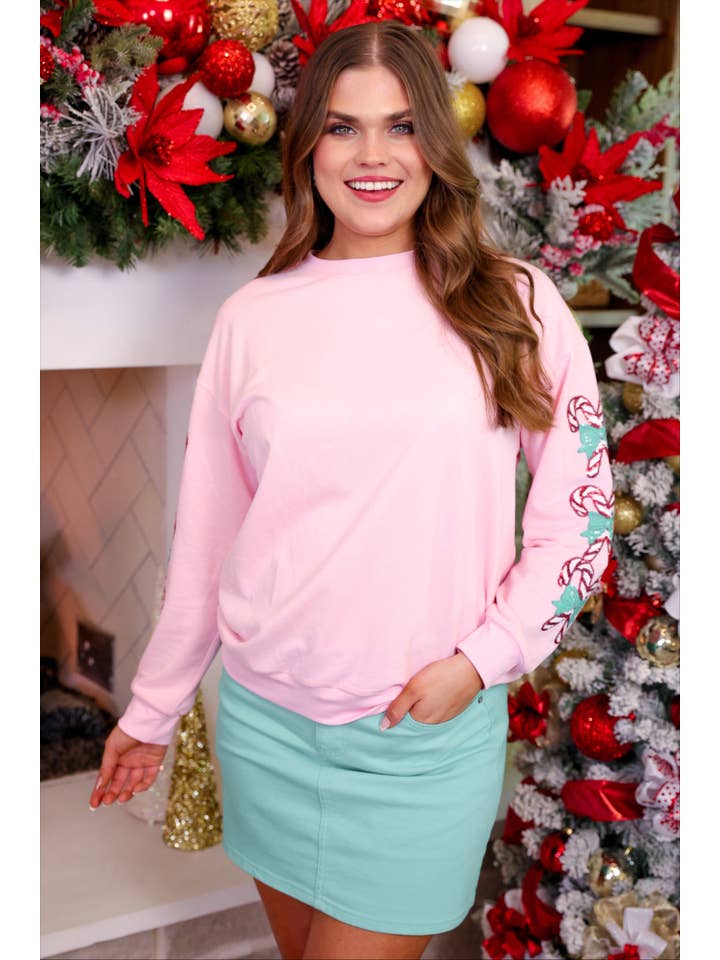 Pink Candy Cane Sleeves Pullover for wholesale on Faire2