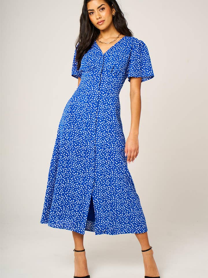Little Floral Print Button Front Midi Dress In Blue for wholesale by FS Collection