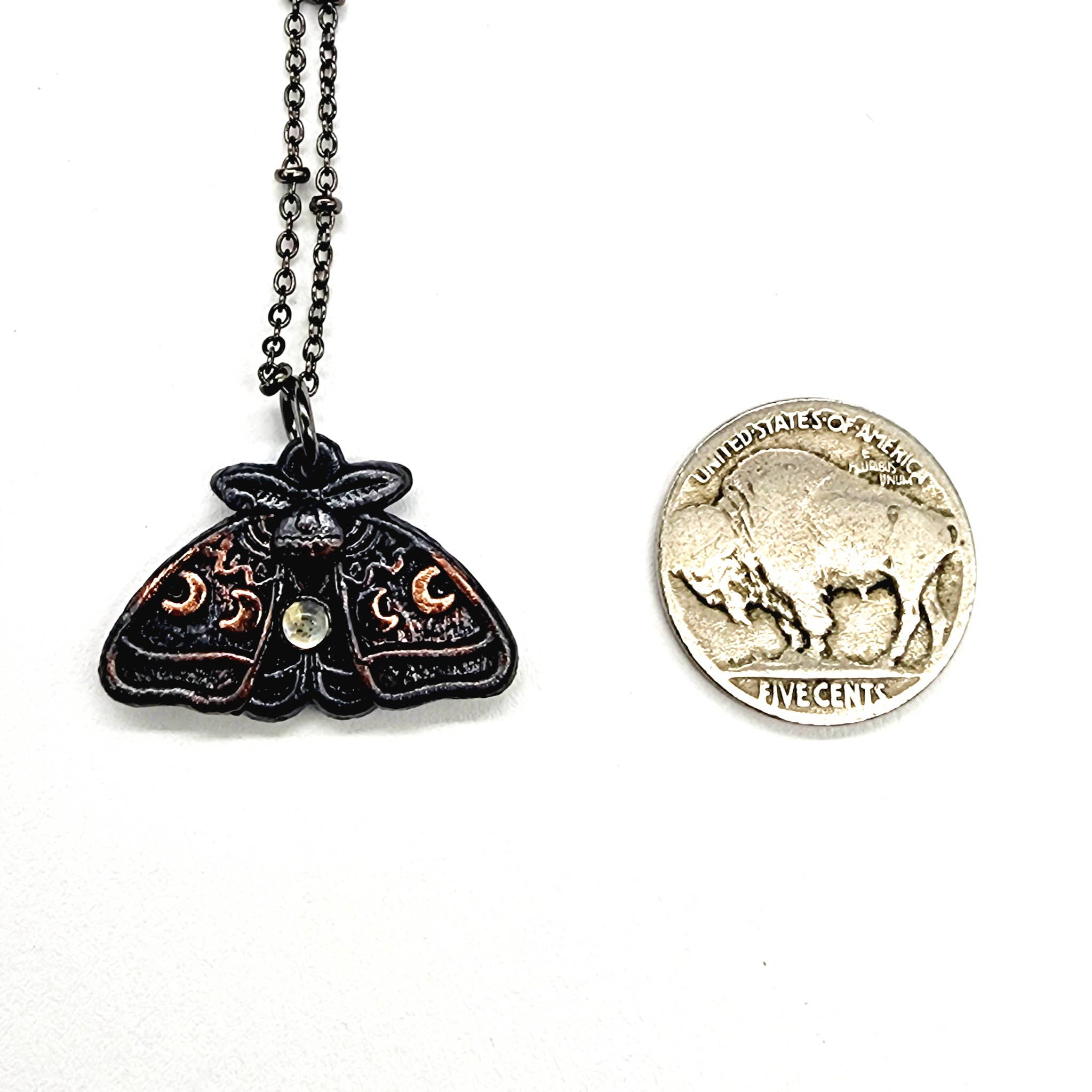 MergingMetals - Wholesale Pendant/Charm Necklace - Rainbow Moonstone Moon Phase Moth Necklace // Electroformed 3