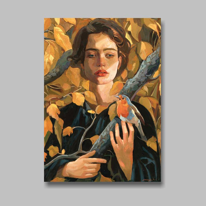 Impressão artística DIN A5, mulher, pisco-de-peito-ruivo, postal por atacado de Atelier No.1