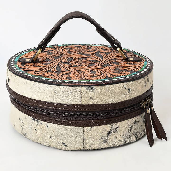 LS Western - Wholesale Jewelry Box/Organizer - ADBGA317 Hand-Tooled Round Hair-On Leather Jewelry Case Western Floral & Turquoise Inlay3