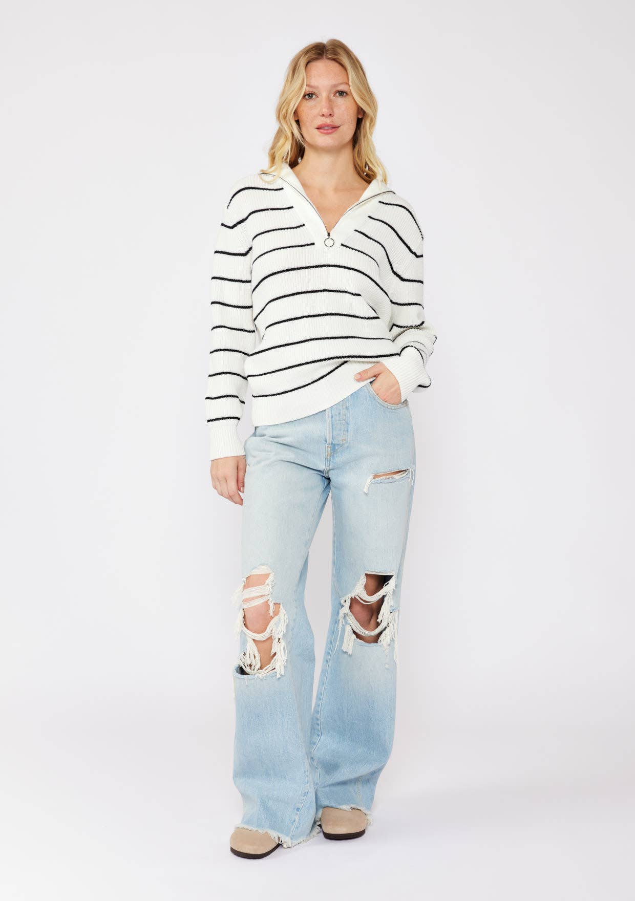 Lovestitch - Wholesale Knit Sweater - Women's - V-Neck Stripe Sweater with Zipper13