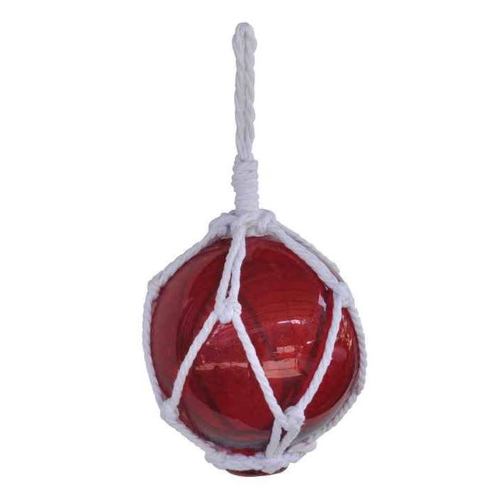 Hampton Nautical - Wholesale Tafelbladdecoratie - Rode Japanse Glazen Bal Vissen Vlotter Met Witte Netting Decoratie 6"