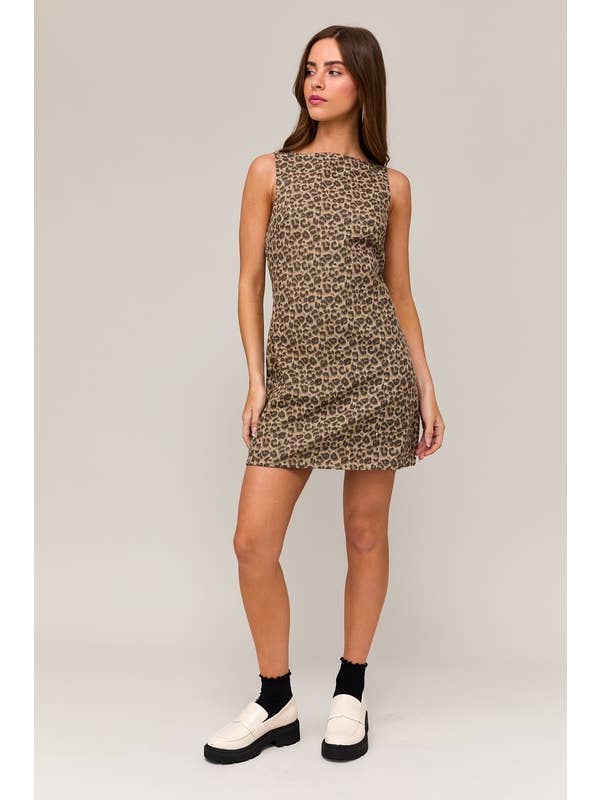 Taupe brown Leopard Boat Neck Sleeveless Mini Dress for wholesale on Faire
