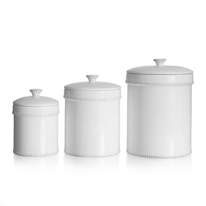 Bianca Dash White 3-Piece Set Dry Goods Food Storage Ceramic Kitchen Canister with Lids, 30oz., 70oz., 122oz. for wholesale by Jay Import CO