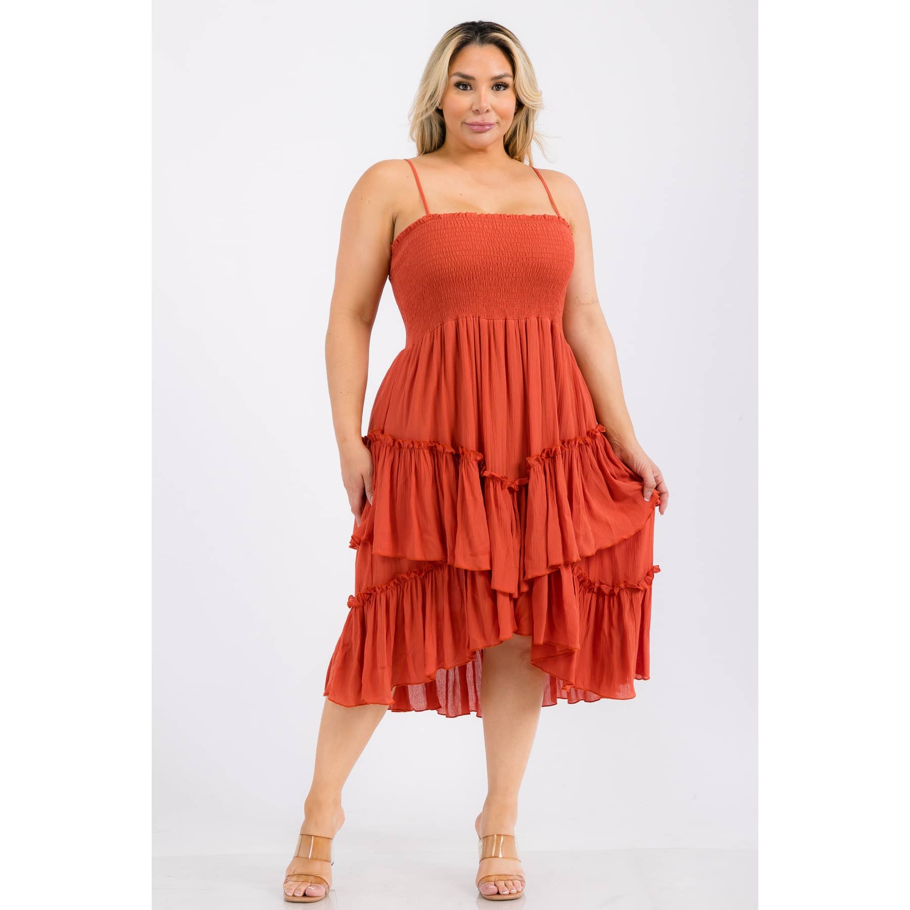Curve Market - Wholesale Dress - Women's - PLUS SIZE SQUARE NECK SMOCKED BODICE TIERED RUFFLE HEM MIDI 3