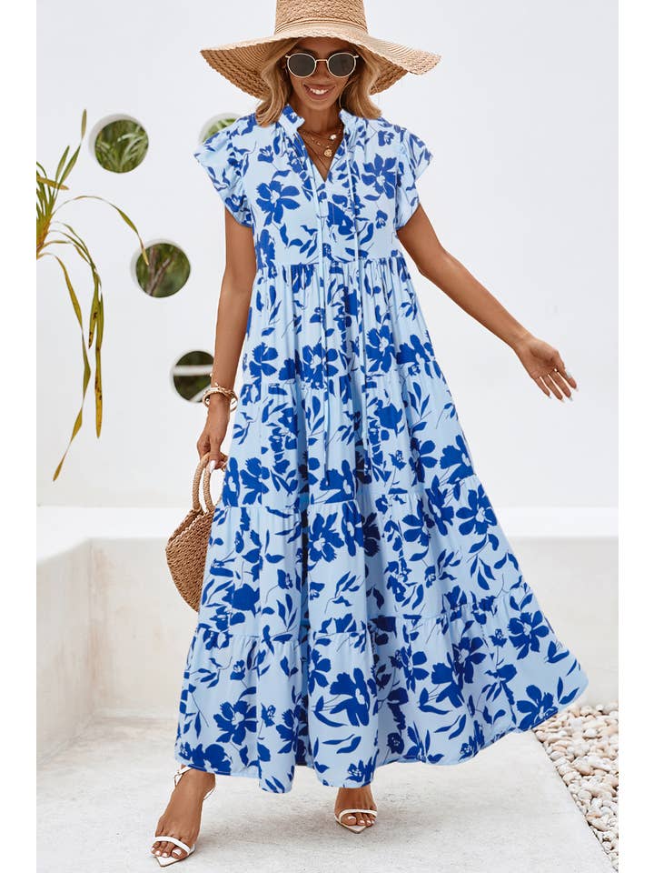 Little Daisy Closet - Wholesale Dress - Women's - LDC Floral Print Tiered Frilled Trim Flutter Sleeve Dress