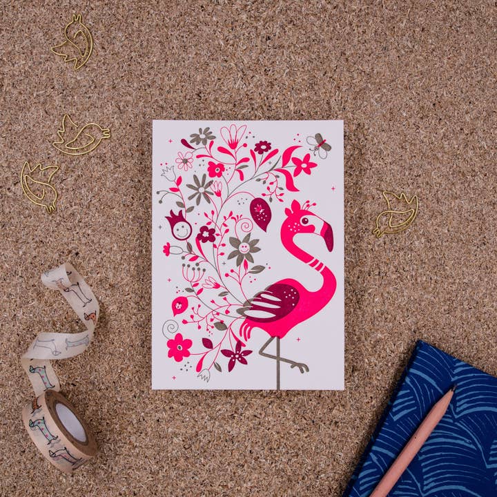 Flamingo Letterpress A6 postcard for wholesale by VON MUTTERN Letterpress