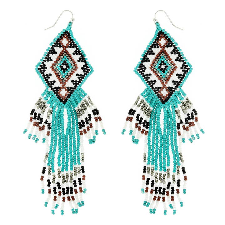 Turquoise Two Spirit Beaded Fringe Earrings for wholesale by Eeyou Istchee Clothing Co.
