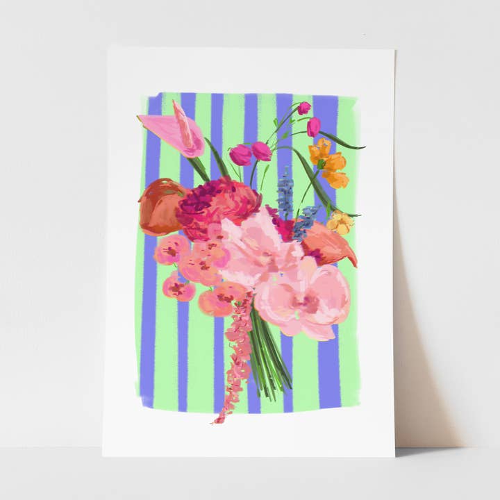 Bright Green Bouquet, Floral Print, Contemporary striped Art for wholesale by Georgie King Designs