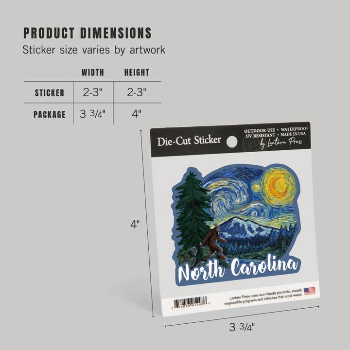 Lantern Press - Venta al por mayor Pegatina - Vinilo adhesivo Carolina del Norte, Bigfoot, Starry Night4