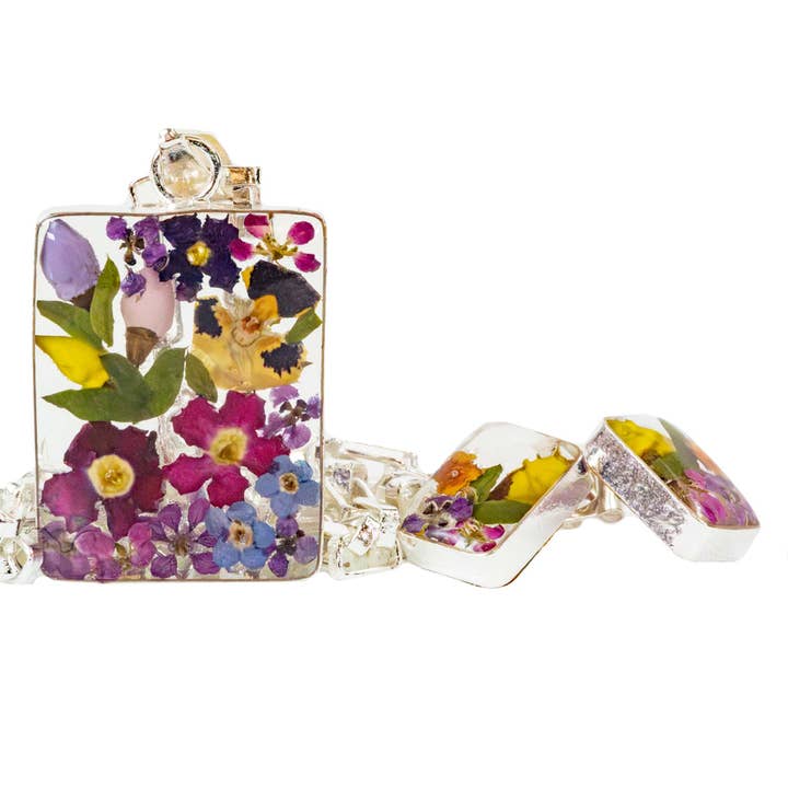 Global Crafts - Wholesale Stud/Post Earrings - Pressed Flower Rectangle Stud Earrings - MIXED COLORS9