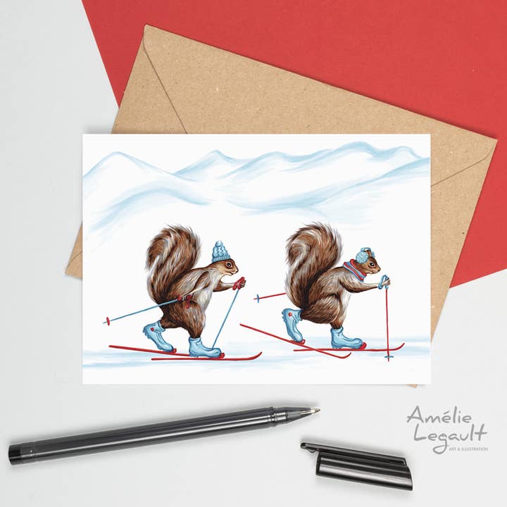 Sardines Studio - Wholesale Christmas Card - Squirrels Cross Country Skiing Greeting Card1