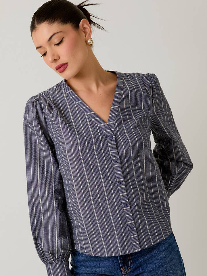 V-NECK BUTTON DOWN LONG SLEEVE STRIPE SHIRT for wholesale by Sunday Edition