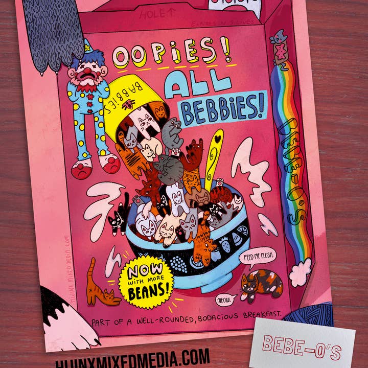 Oopies All Bebbies! Hazardous Cat Spill in the Cereal Factory! Bebe-O’s Cereal | Art Print for wholesale by Hijinx Mixed Media
