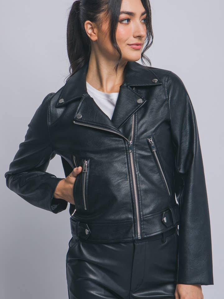 1121 Faux Leather Moto Jacket W/ Asymmetrical Zip Up SI-29109 for wholesale by 42POPS