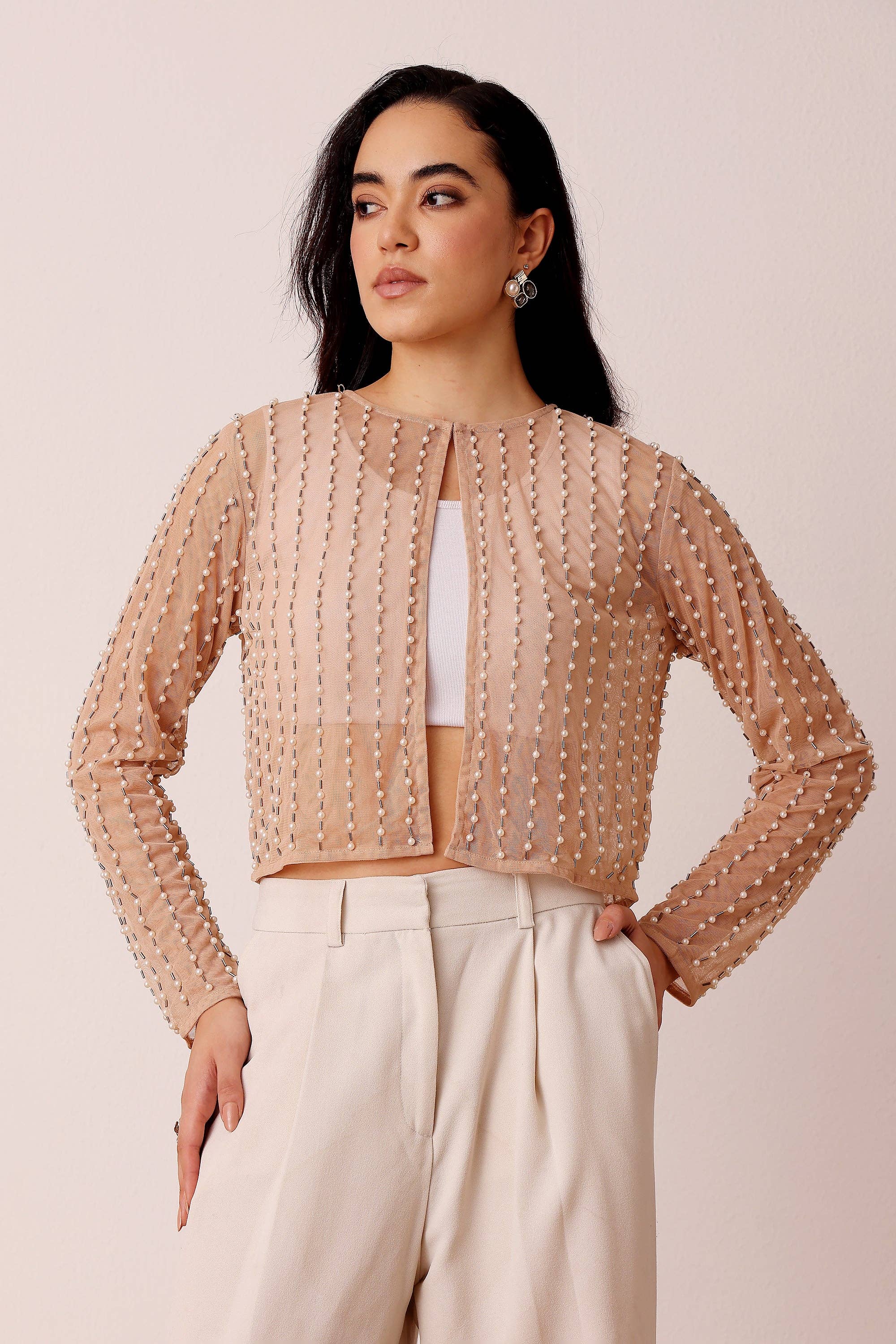 Pearl Embellished Sheer Cropped Jacket in Beige for wholesale on Faire3