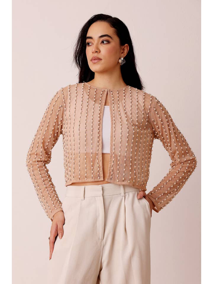 Pearl Embellished Sheer Cropped Jacket in Beige for wholesale on Faire3