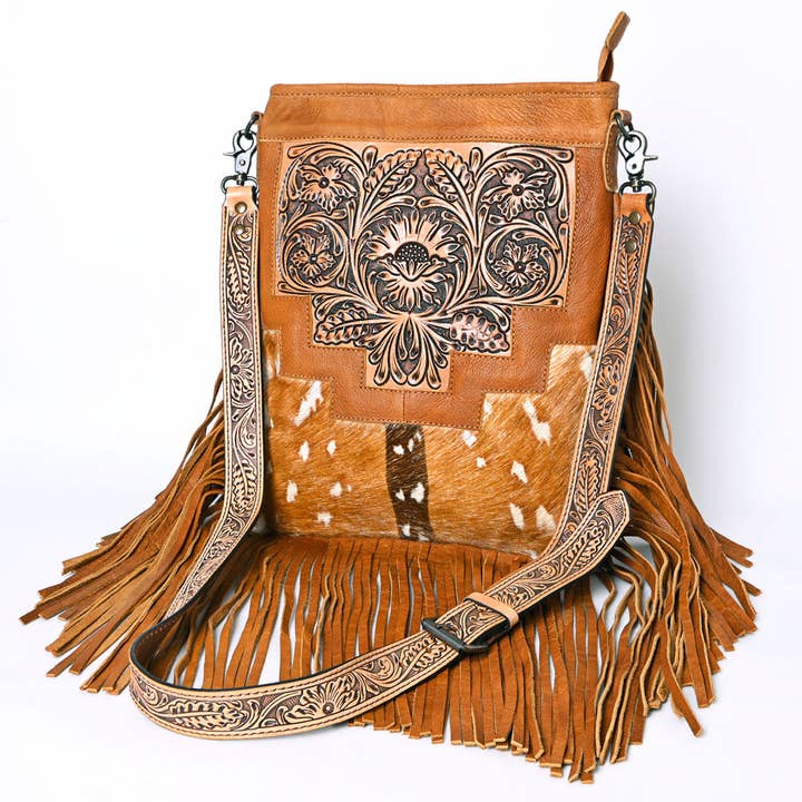 ADBG256 Tooled Leather & Cowhide Fringe Messenger Bag Western Boho Messenger by American Darling for wholesale by LS Western