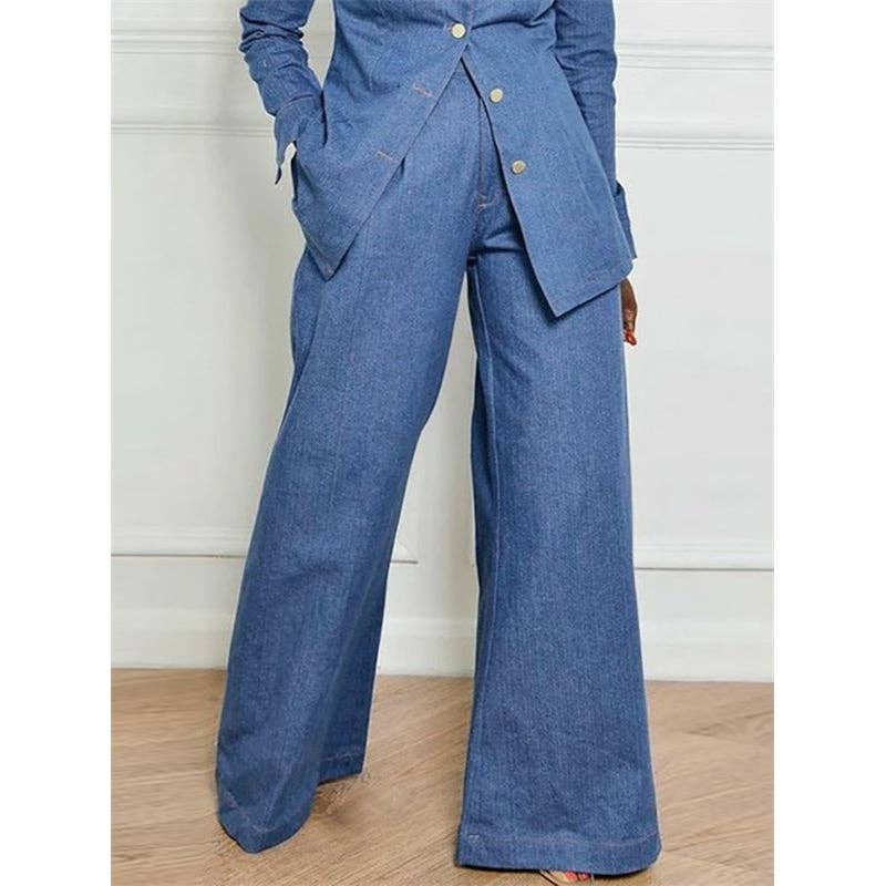 High Waisted Loose Pockets Solid Color Denim Sets for wholesale on Faire9