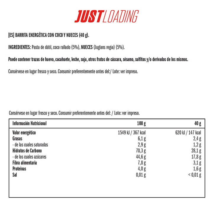 Just Loading - Vente Barres de céréales - BARRE ÉNERGÉTIQUE AUX DATTES, À LA NOIX DE COCO ET AUX NOIX 12x40g