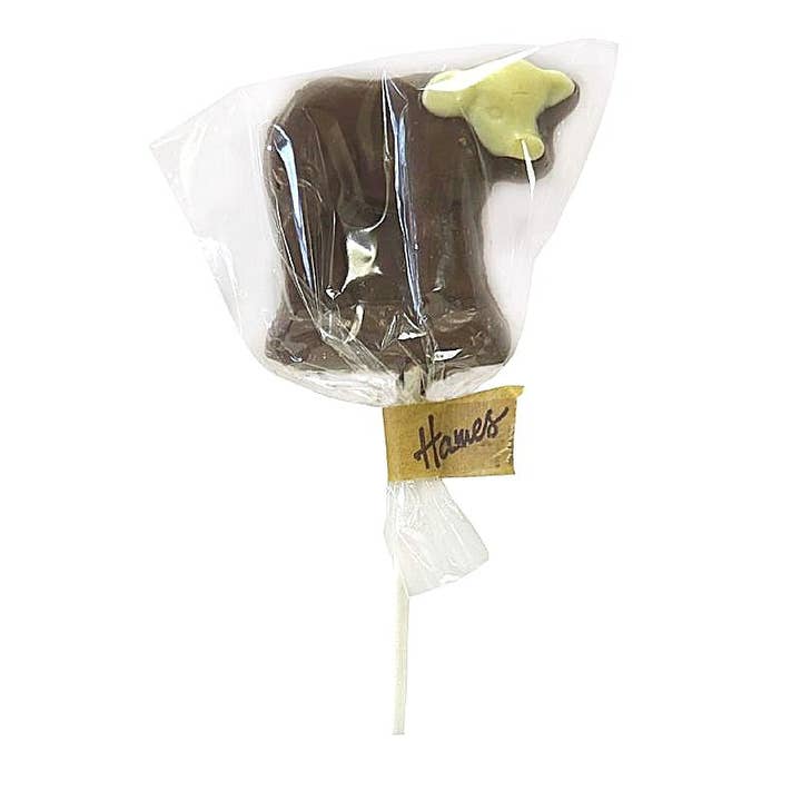 UK ONLY. Milk Chocolate Farmyard Cow Lollipop. for wholesale by Hames Chocolates
